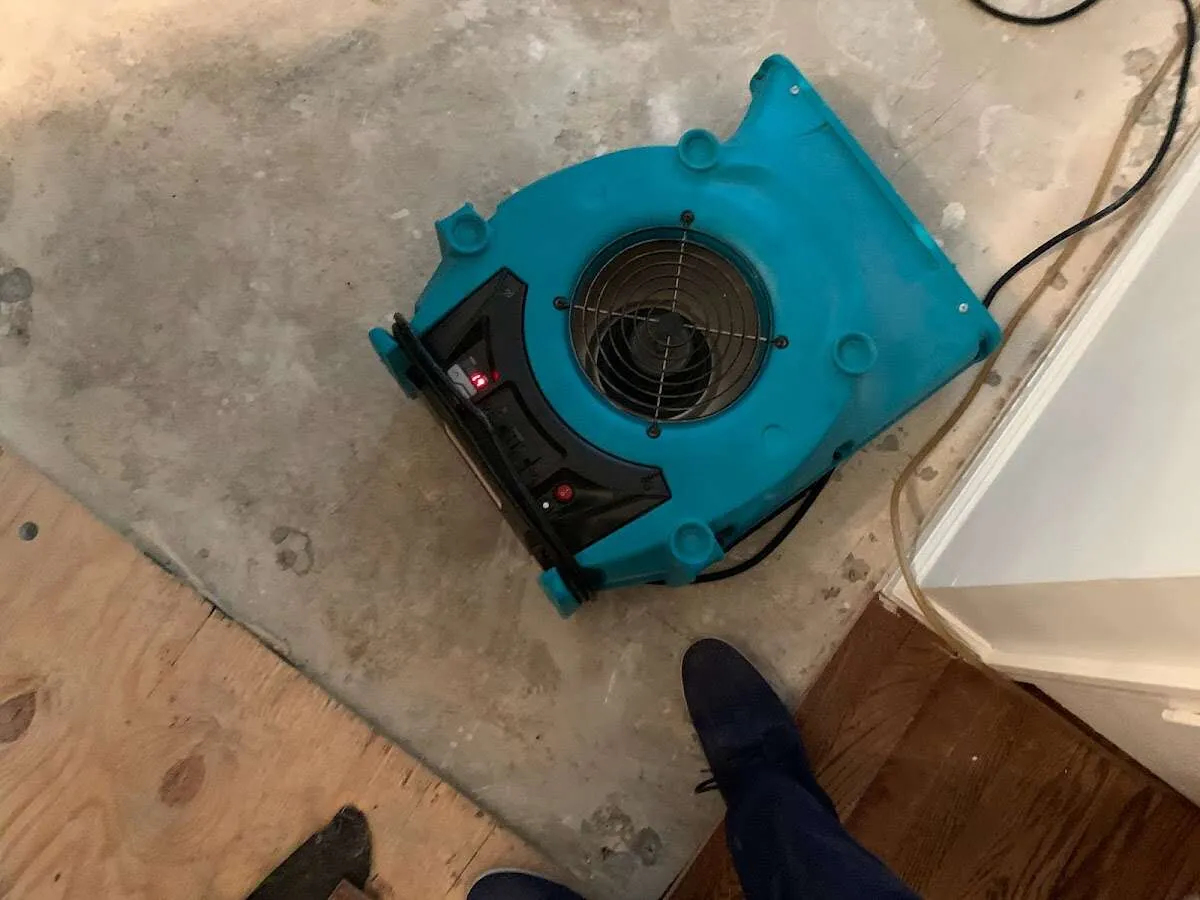 Air mover drying subfloor during Commercial Water Damage Restoration in Rome